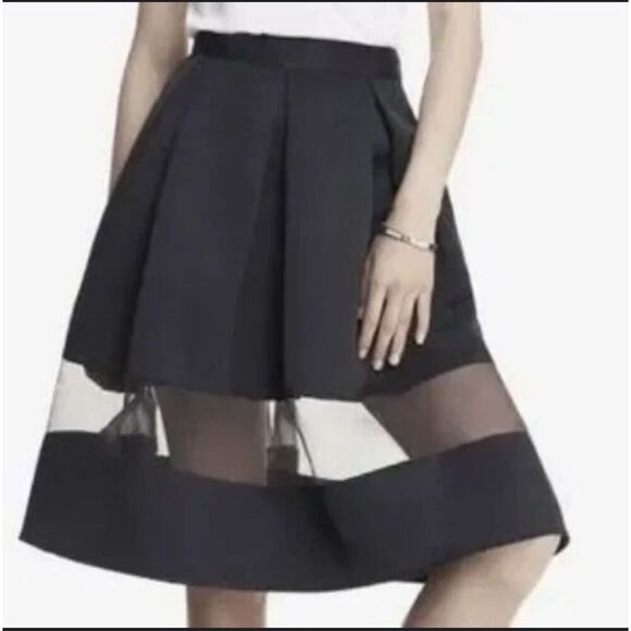 EXPRESS Black A-Line Midi SKIRT with Sheer Panel Details Size XS NWOT - Picture 1 of 10